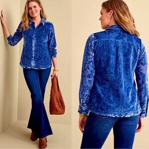 Soft Surroundings Burned out Velvet Sheer Floreat Lined Button Shirt Western S